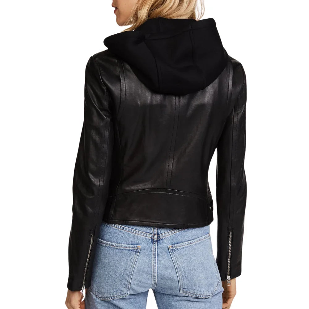 Billie Black Womens Real Leather Biker Jacket with Hood
