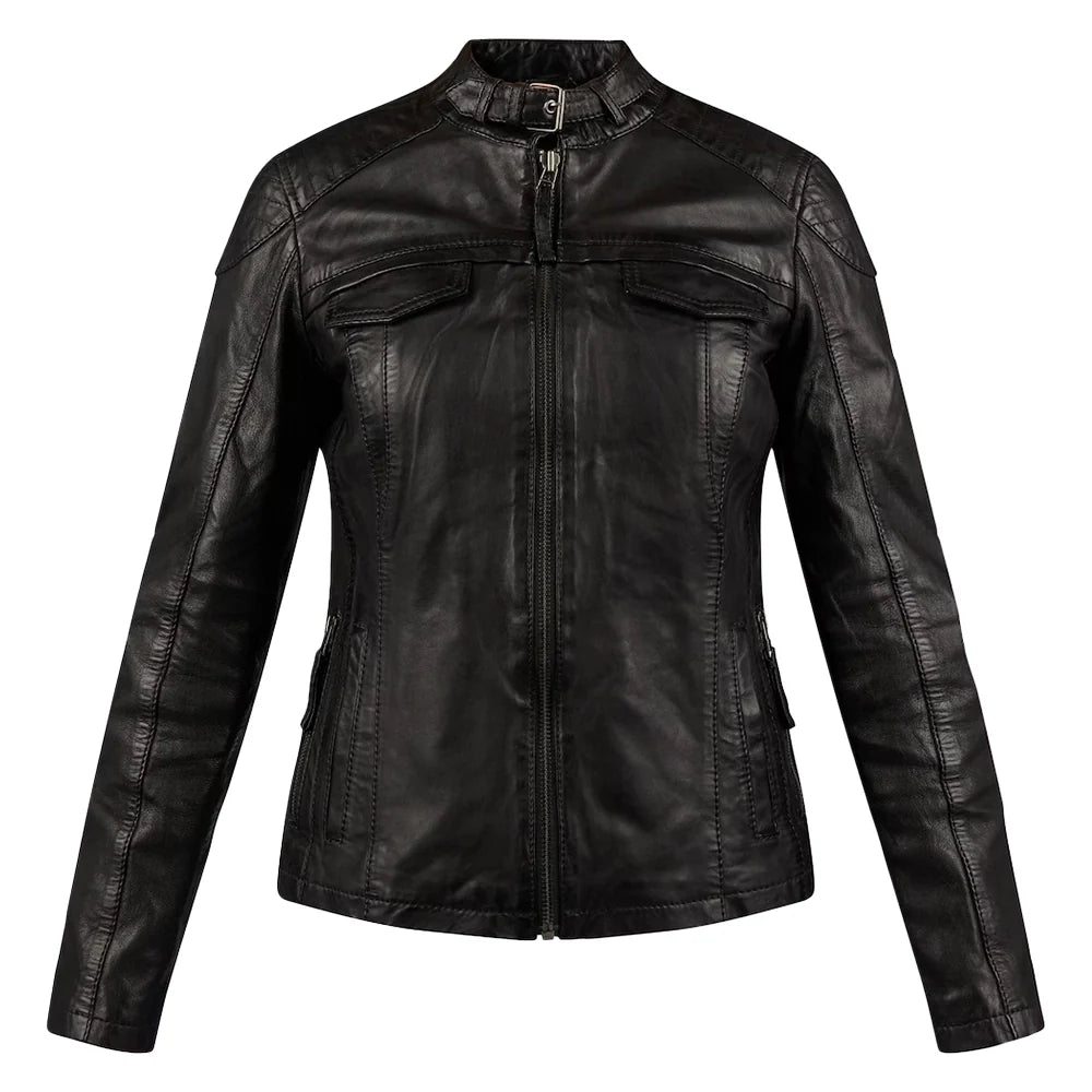 Susan Womens Black Leather Biker Jacket