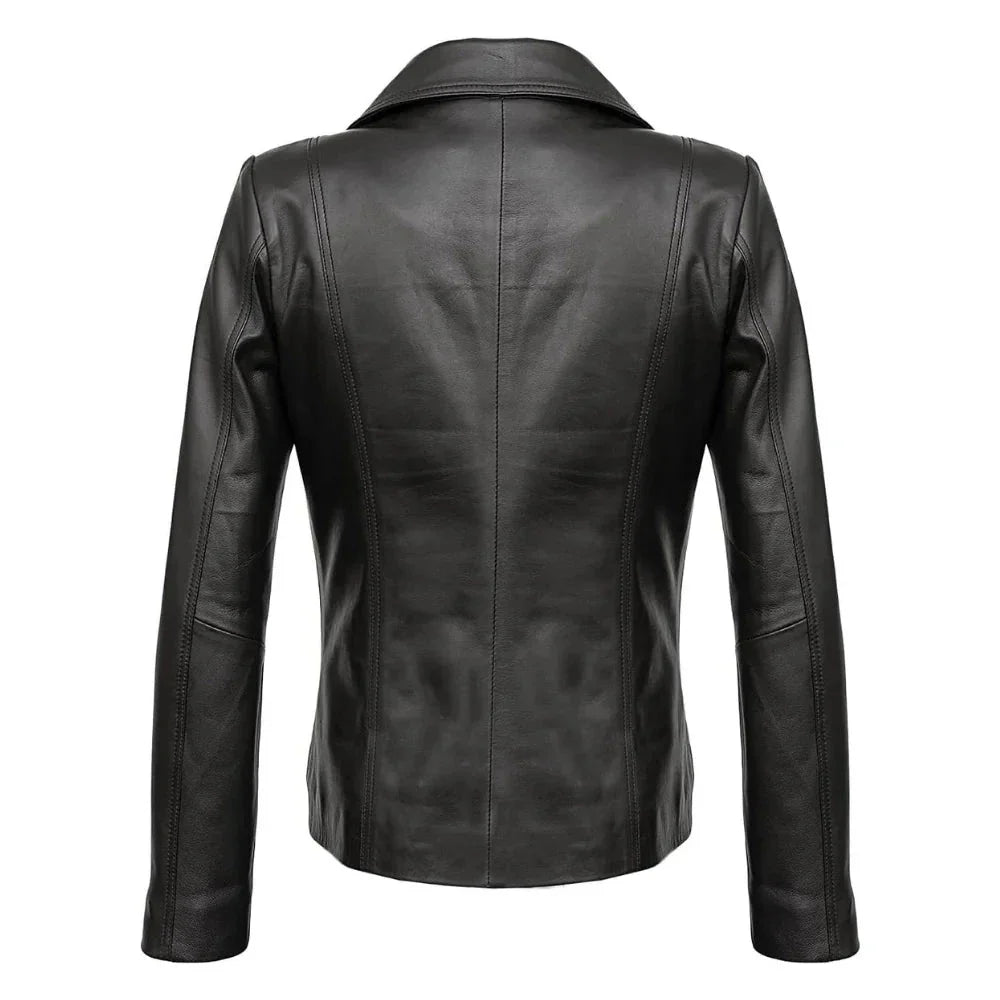 Real Lambskin Notch Lapel Ladies Black Leather Blazer - Back View