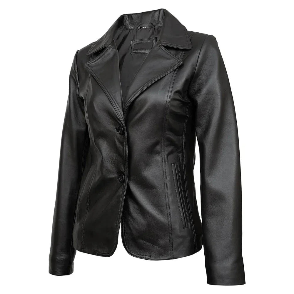 Real Lambskin Notch Lapel Ladies Black Leather Blazer - Side View