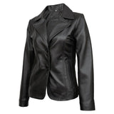 Real Lambskin Notch Lapel Ladies Black Leather Blazer - Side View