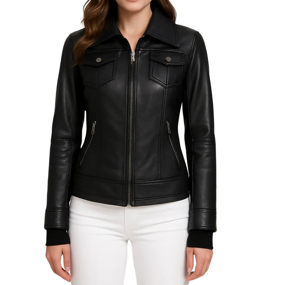 Emmy Black Leather Bomber Jacket Women with Removable Hood