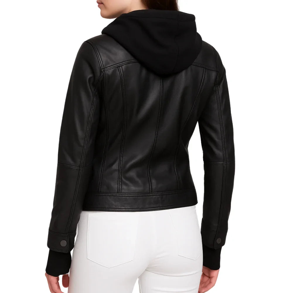Emmy Black Leather Bomber Jacket Women with Removable Hood