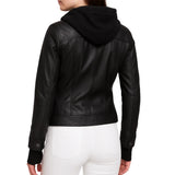 Emmy Black Leather Bomber Jacket Women with Removable Hood