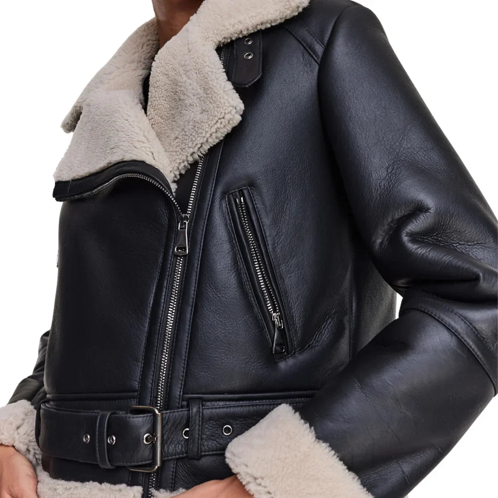 B3 Black Leather Aviator Jacket Women's