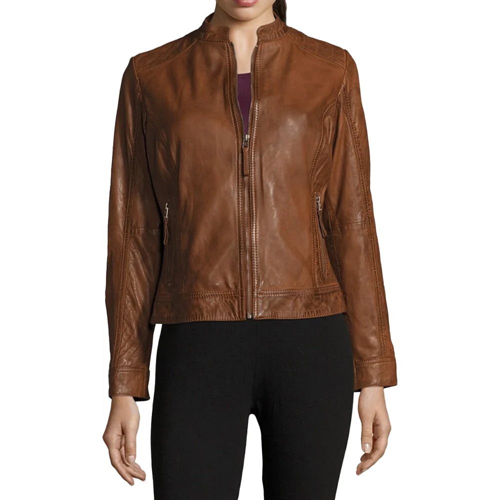 Genuine Biker Brown Cognac Leather Jacket Womens