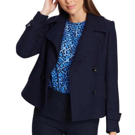 Womens Double Breasted Navy Blue Wool Blend Coat