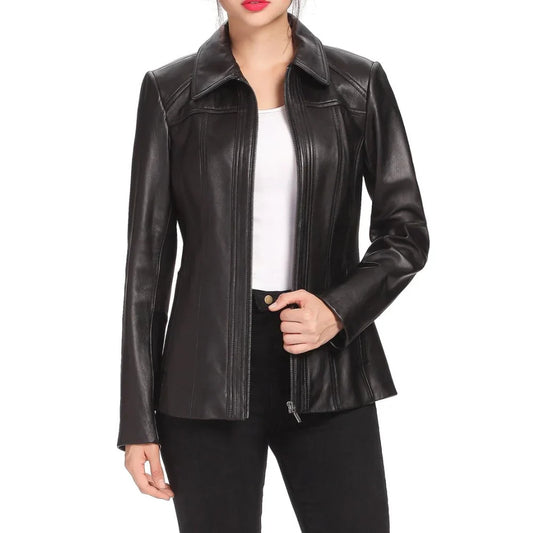 Womens Three Quarter Black Long Leather Coat