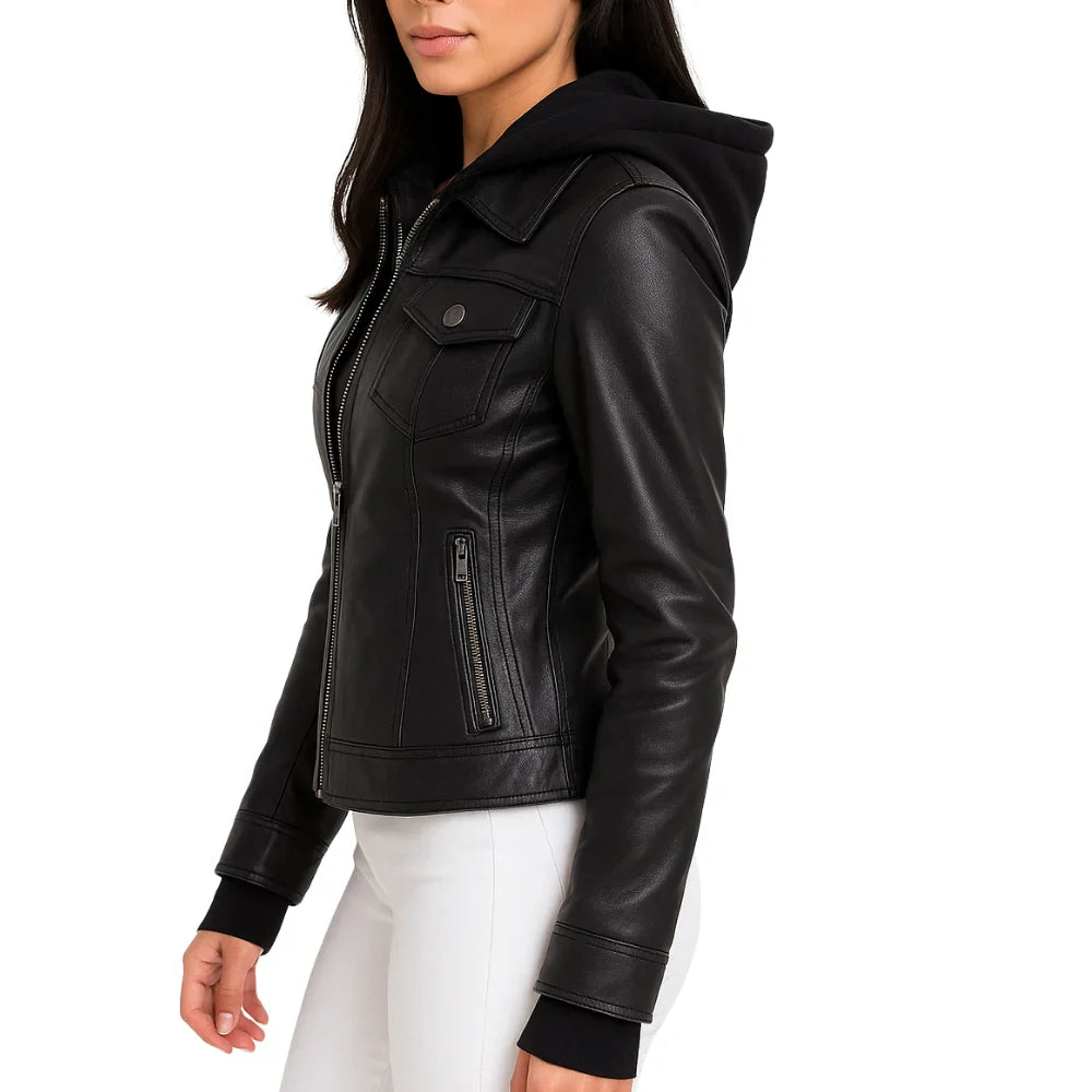 Emmy Black Leather Bomber Jacket Women with Removable Hood