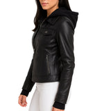 Emmy Black Leather Bomber Jacket Women with Removable Hood