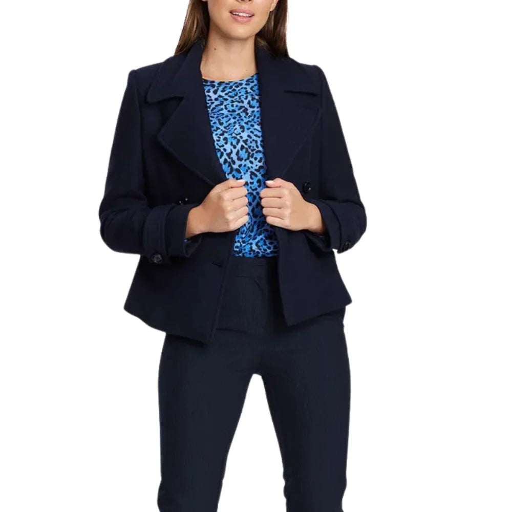 Womens Double Breasted Navy Blue Wool Blend Coat